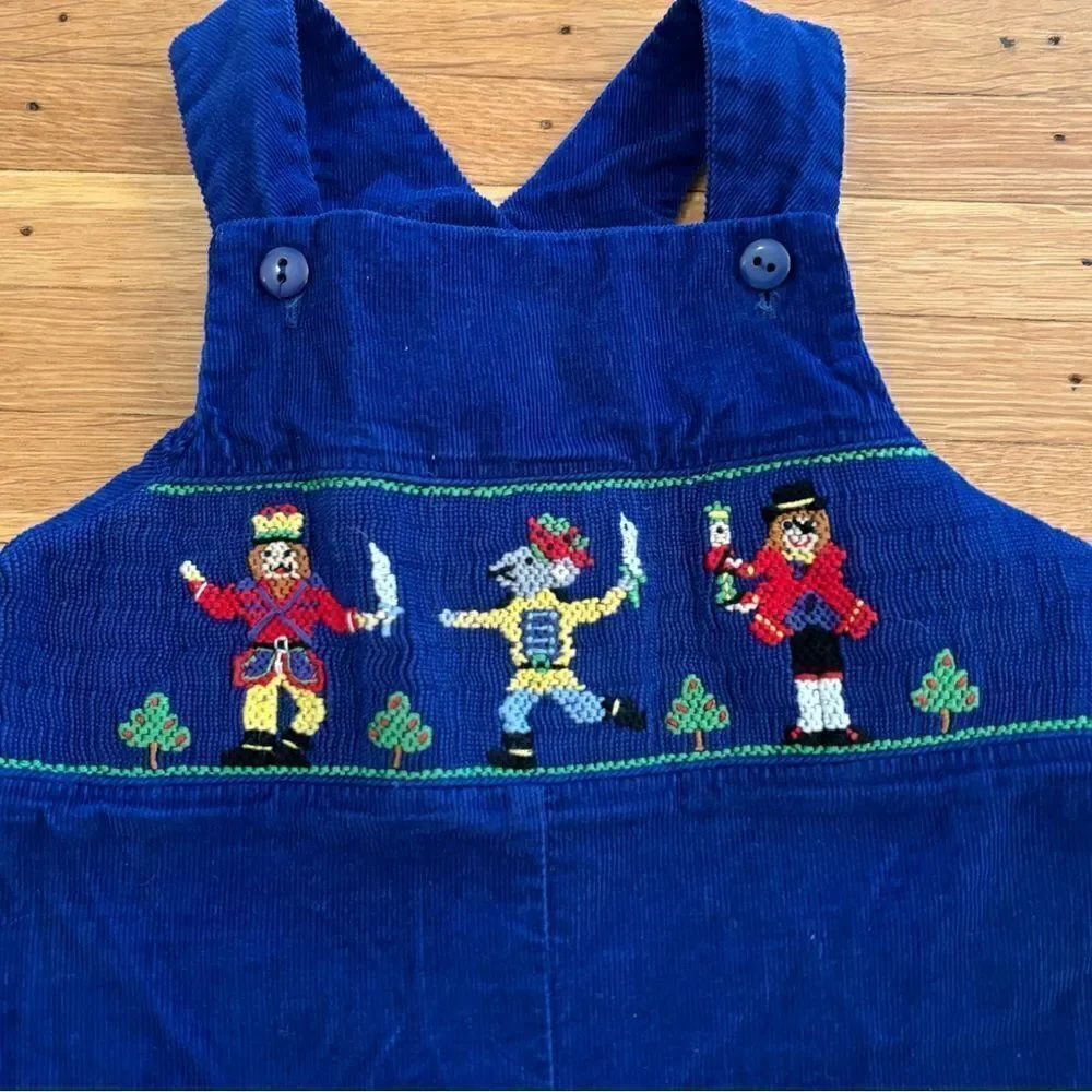 Vive La Fête Nutcracker embroidered blue corduroy overalls
